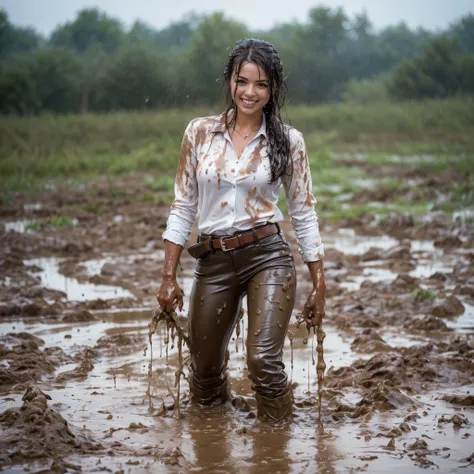 (masterpiece, best quality:1.2), cowboy shot, solo, 1girl, 27 yo businesswoman, smile, looking at viewer, long pants, belt, white blouse, jacket wet clothes, soaked, dripping wet, wet hair, wet skin, translucent, glistening with oil, fully clothed, wet mud...