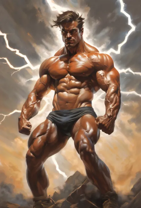 pintura de um homem com corpo musculoso e um raio ao fundo, forte e imponente, muscular character, musculoso e aterrorizante, muscular male hero, portrait of a muscular, Retrato de musculoso, musculoso!! scientific fiction, extreme muscles, corpo do fisicu...