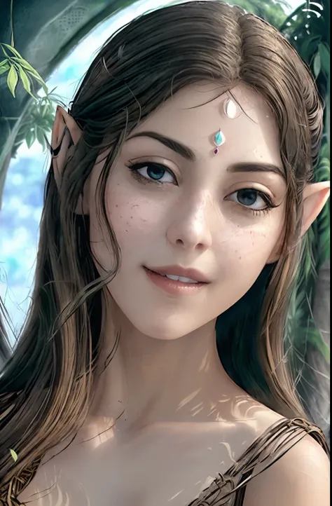 um close up de uma mulher em uma roupa de couro preto, elfo feminino bonito e elegante, retrato de elfo muito bonito, elven char...