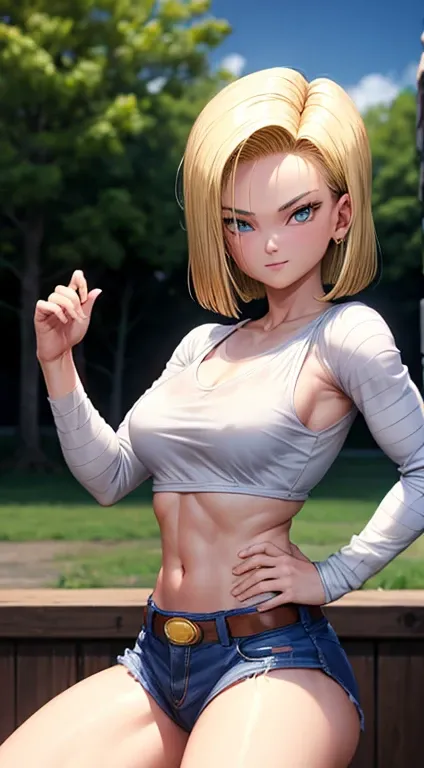 Android 18, ( foto de closeup na parte superior do corpo ), ( Efeito bokeh ), (cowboy shot), muito sedutor, pose sedutora, sorridente, fofo, muito fofo, Ultra High Definition, master part, Ultra alta qualidade, detalhamento ultra, 8k, topless , mostrando a...