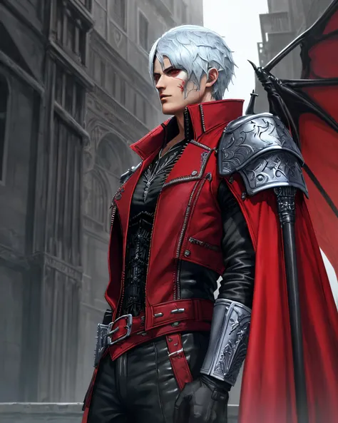 ((master part))),(((Rosto detalhado))),(((detailed hands))),(((corpo detalhado))),(((insanamente detalhado))),(((Inspirado em Dante Devil May Cry))),(high resolution), (alta qualidade), a male character standing, magro mas musculoso, empunhando uma grande ...