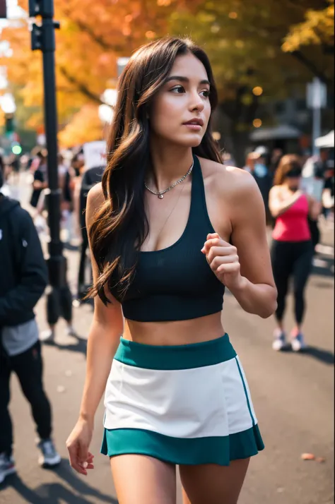 a beautiful 22-year-old woman, facing away from camera, wearing mini skirt, running shoes and halter top, long brunette hair, back to viewer, face not visible, not exposed, stands in a Portland, Oregon street blocked by protesters, looking away from viewer...