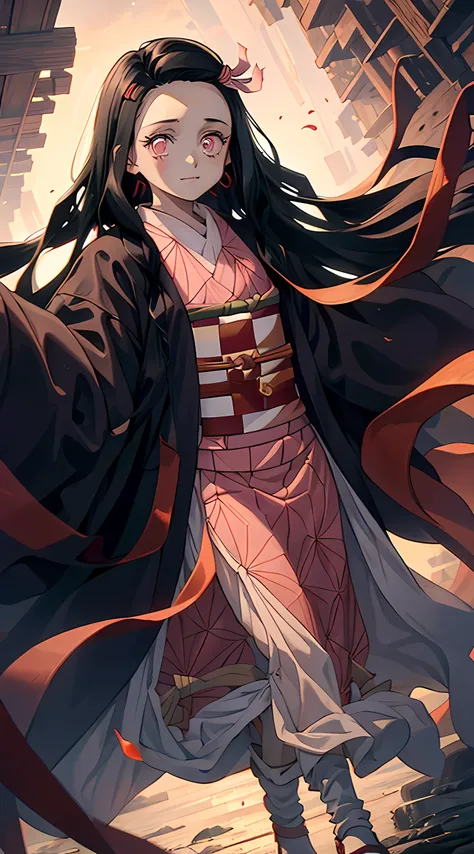 Nezuko is a girl with long black hair that tapers to crimson at the bottom, a small pink hair tie, pink eyes with long devil pupils, a bamboo gag in her mouth, a pink kimono with an interlaced stripe pattern, a green and red obi belt, a long brown jacket, ...