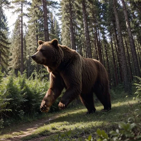 Hunter in the forest shoots a bear, which is taken from a bullet, jumping into green bushes.