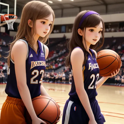 two girl best friends with long light brown hair, who play basketball with each other wearing black jerseys with purple and gold