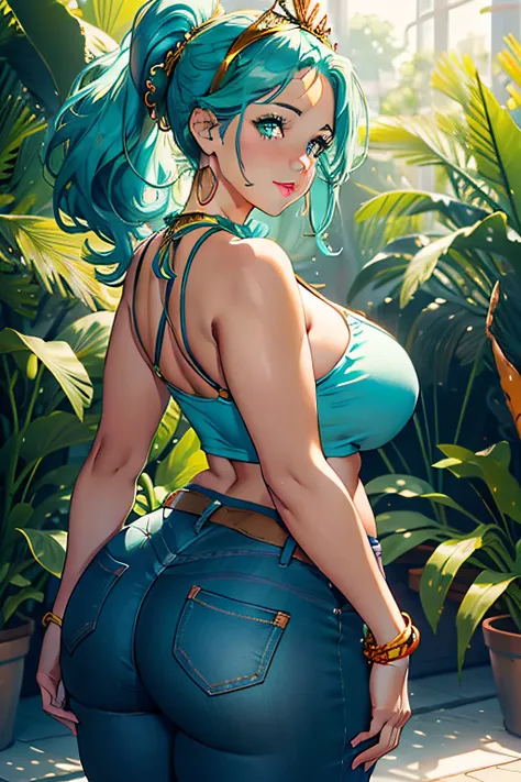 Best quality, solo young girl, giant breasts, giant ass, very curvy, ((voluptuous figure)), low ponytail curled at the ends, aqua green eyes, full lips, seductive, smiling, turquoise frilly slevee top, tiara, tight jeans, jeans shorts, sun necklace, sun ea...