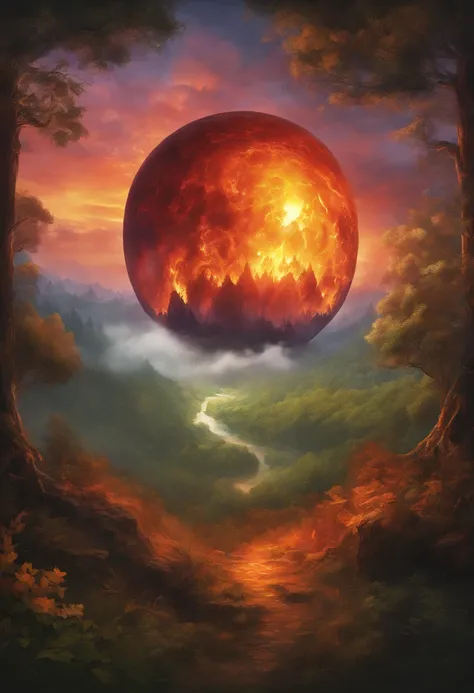 firey orb hovering over a forest with a large fantasy city in the distance. the orb is raining fireballs and destruction down on the forest, with the trees beneath it alight and dark plumes of smoke rising from many areas in the forest. This should show de...