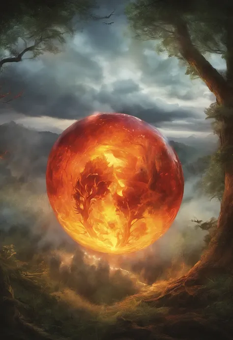 firey orb hovering over a forest with a large fantasy city in the distance. the orb is raining fireballs and destruction down on the forest, with the trees beneath it alight and dark plumes of smoke rising from many areas in the forest. This should show de...