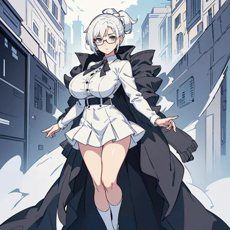 Perfect proportion, perfect body, masterpiece, high quality, high details, (white hair), (1woman), ((adult woman)),.  White social shirt,short gray skirt. Full body, idle pose. With glasses. Huge boobies, no background. Visual novel