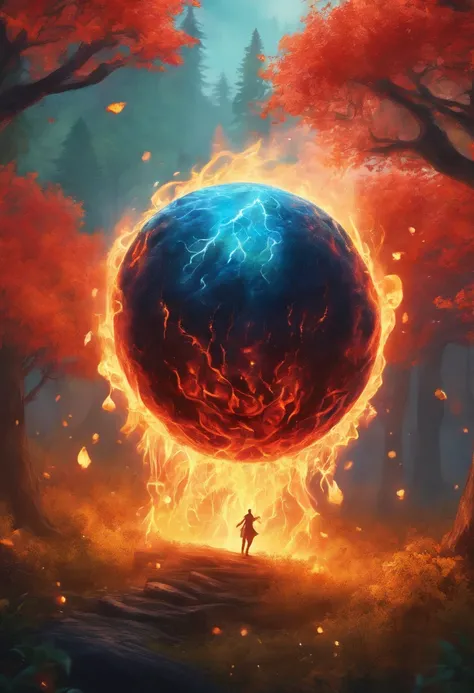 firey orb hovering over a forest, raining down fireballs into the trees below