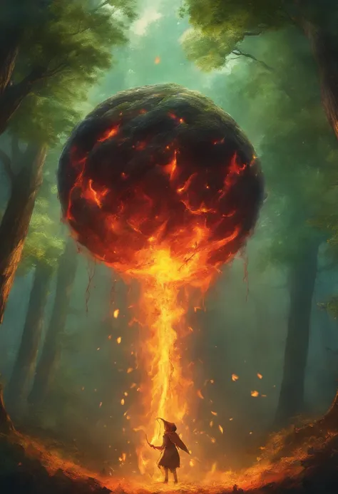 firey orb hovering over a forest landscape, high in the sky, raining down dozens of fireballs into the forest below