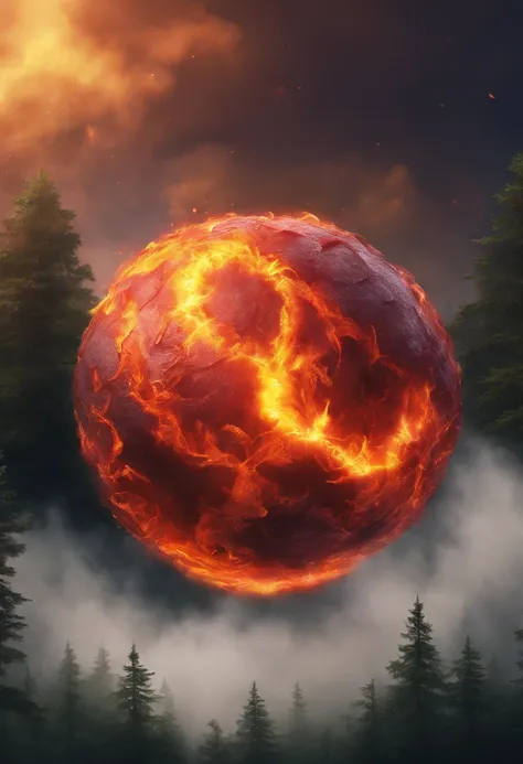 firey orb hovering over a forest landscape, high in the sky, raining down dozens of fireballs into the forest below