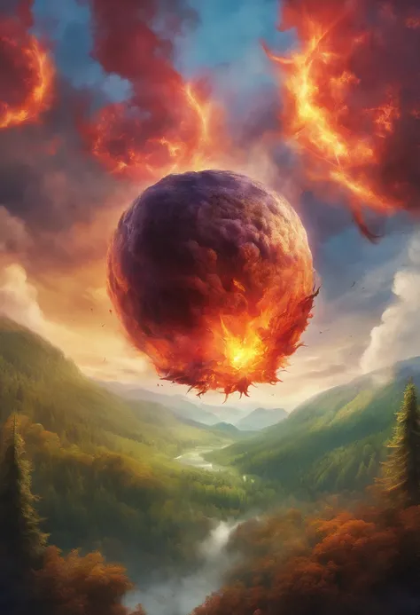 firey orb hovering high in the sky over a giant forest landscape, launching fireballs and destruction down into the forest below, with plumes of smokes rising up. the very picture of desolation and devestation at the hands of this orb