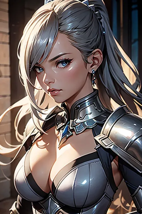 close up shot of a woman in a silver and blue dress, silver armor, large breasts, cleavage, chengwei pan on artstation, by Yang J, detailed fantasy art, stunning character art