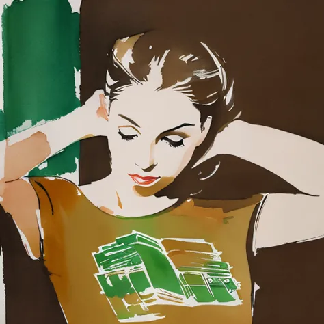 Blonde woman, brown t-shirt, green, library, David Downton watercolor fashion illustration