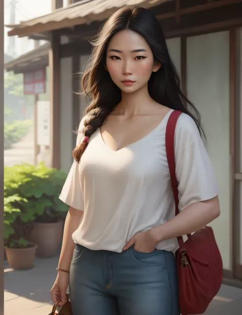 "Draw a visually stunning representation of an Asian woman in a realistic setting, capturando ricos detalhes faciais e ambientais que destaquem sua beleza e a complexidade do ambiente ao seu redor."