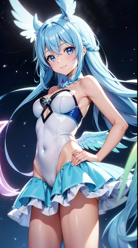 Super Idol　a beauty girl　adorable smiling　sky blue hair　length hair　Twin-tailed　Glittery bright pink and white and blue and yellow leotards　facing front　7 colors of angel great wings on the back　Mystical　Fantasia　constellation　a moon　Crystal Brilliance　Aur...