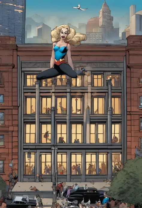 The image is of Harley Quinn performing a handstand on top of the Gotham City Police Department building, with a group of pigeons watching in shock and awe.,Batman: The Animated Series,[Appearance= "Blonde Hair in Pigtails", "Tight Tank Top and Spandex Sho...