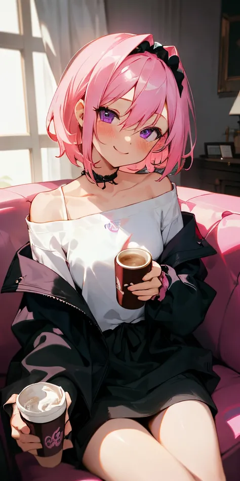 (masterpiece, best quality),1girl sitting in a couch ,1girl, jewelry, smile, looking at viewer, living room interior, solo,pink hair, purple eyes, holding a hot coffee cup, blush, short hair, white shirt, off shoulder, black jacket, hair between eyes, shor...