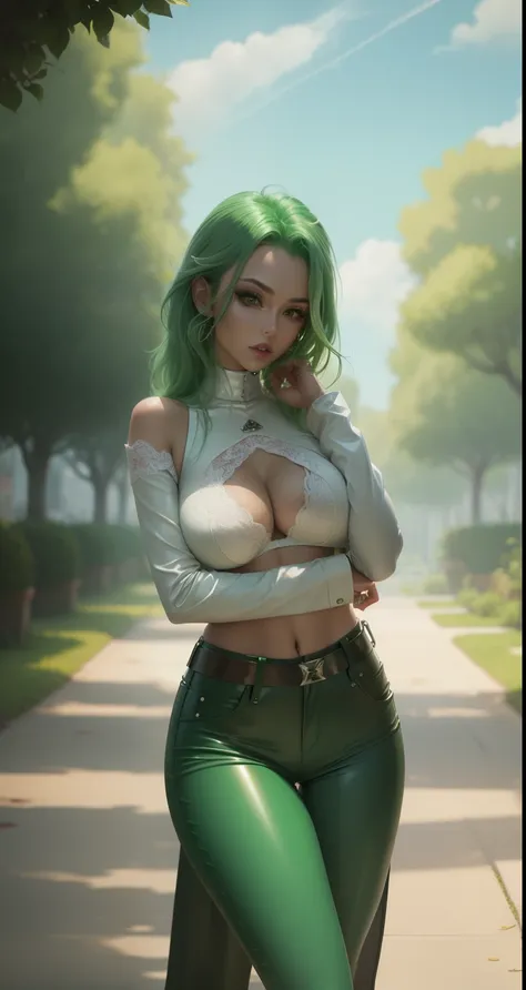 Green hair, skintight leather pants, low waisted pants, big boobs, white lacy bra