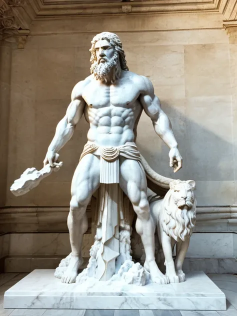 unique sculpture, biblical scene, the story of Samson how he fought with a lion and won, the scene of Samsons fight with the lion, Samson is dressed in a ghostly toga during the struggle, white marble realistic sculpture with incredible details, cinematic,...