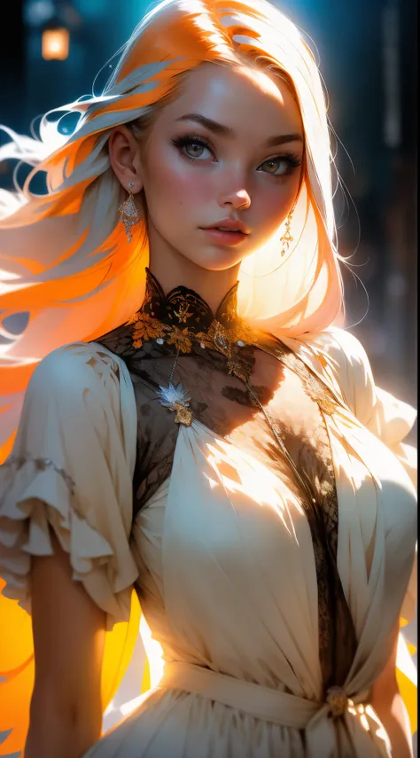 foto de menina europeia de 16 anos, ..RAW, Beautiful girl, (orange and white hair with extra long curl), ((retrato)), (rosto detalhado: 1.2)), (detailed facial features)), (Pele fina), pale skin, alto detalhe e decote profundo corpo conhasmat terno, corpo ...