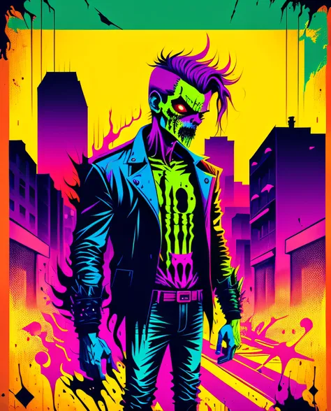 poster pop art style neon colors, (zombie hombre), (full body), standing, angry, on an abandoned street