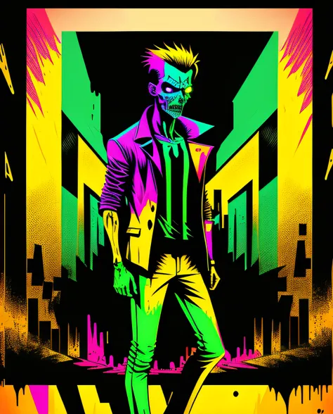 poster pop art style neon colors, (zombie hombre), (full body), standing, angry, on an abandoned street