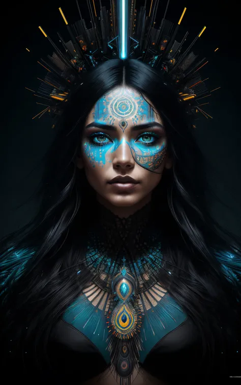 ultra-detailed artistic abstract beautiful indigenous woman with long black hair, magic with bioluminescent filigree, geometric photography, 32k fashion abstract poster, detailed symmetrical blue iris, natural body posture by artist russ mills, art by albe...