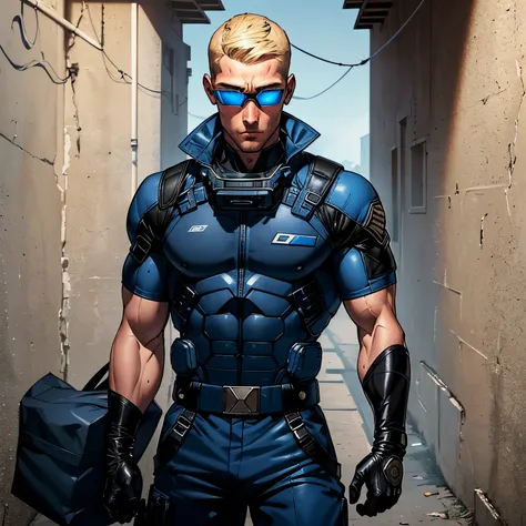 adult men, 1boy solo focus, blond buzzcut, blue eyes, (wearing dark blue special ops suits, gloves, googles, baggy pants:1.1), athletic physique, 16K, high quality, masterpiece, extremely detailed, ultra quality image, ultra quality face, medium shots, at ...