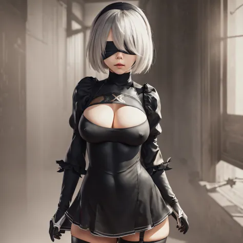 masterpiece, best_quality, 1girl, solo, yorha no. 2 type b, black blindfold, blindfold, wide hips, thighhighs,