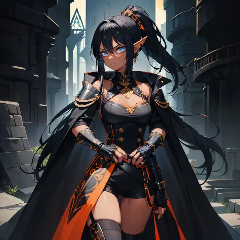 1girl , (((Dark Skin)))), Black Hair with Ponytail, (((Blue Eyes))), ((Black Metallic Gauntlets and Greaves with Orange and Silver Highlights)), (((The Clothes Have a Mix of Modern and Tribal))), (((The Clothes Have a Mix of Modern and Tribal))),  having m...