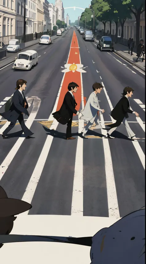 Los 4  hombres del grupo The beatles caminando hacia el mismo lado por Abby Road en Londres, ultra alta calidad, the best resolution, emblematic moment the band the beatles