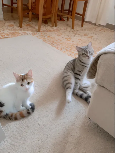 there are two cats sitting on the floor in a living room, two cats, two buddies sitting in a room, meeting of the cats, cats on her side, there is a cat next to her, cats! are around, they are close to each other, looking distracted and awkward, dusty and ...