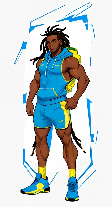 a cartoon of a black man with a hoodie, detailed full body concept. futuristic, , sci-fi, matching gym outfit. sport clothes. weight lifter. sleeveless hoodie. clothes have the colors sky blue, gold and white, black man, long dreadlocks, dark skin, short s...