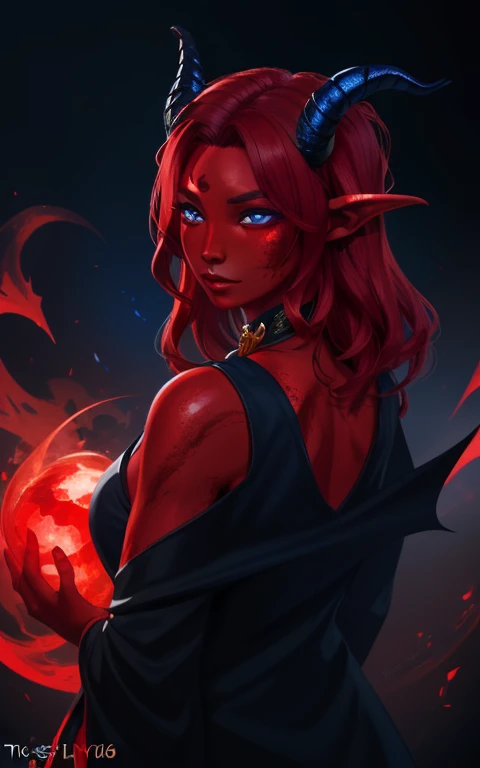 sehele style, anime style, (((tiefling))) warlock with (((crimson red skin))) and (((blue, smoldering eyes))). Her (((horns curve elegantly backwards))), 8k, 4k, Unreal Engine 5, octane render, trending on pixiv, fanbox, skeb, masterpiece, smooth soft skin...