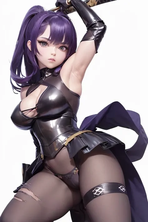 ((Best Quality, 8K, Masterpiece: 1.3)), 1 girl , ("ninja, armor glove ,bare shoulders, detached sleeves":1.1 ),("armor leggins , transparent pussy":1.1), large breasts , cleavage ,thigh , "elaborate detail, costume" ,dynamic pose, katana, wind ,battle fiel...