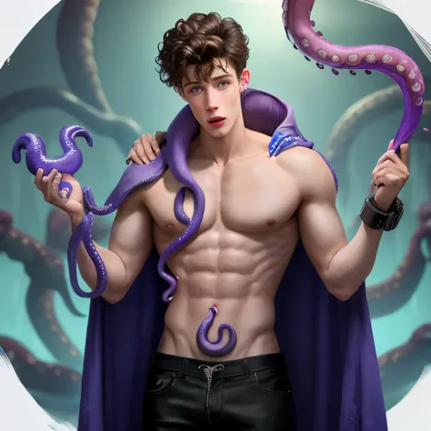 A tall gay male mindflayer wraps his long tentacles around shirtless Shawn Mendes and hypnotizes him.