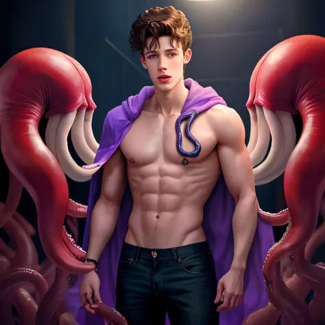 A tall gay male mindflayer wraps his long tentacles around shirtless Shawn Mendes and hypnotizes him.