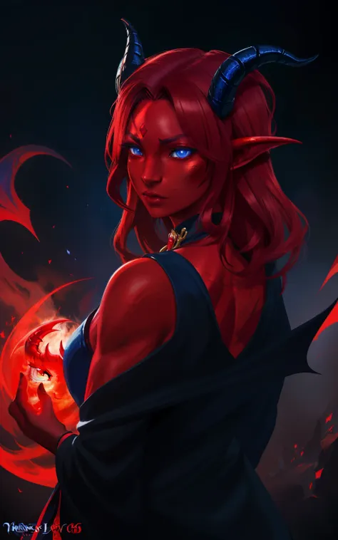 sehele style, anime style, (((tiefling))) warlock with (((crimson red skin))) and (((blue, smoldering eyes))). her (((horns curv...