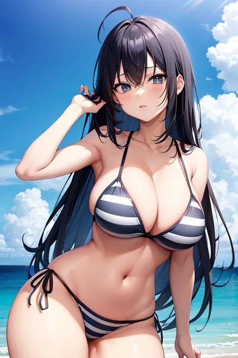 2d, anime style, anime screencap, black hair, striped bikini, blue stripes, horizontal stripes, white bikini, breasts, huge breasts, long hairz blue eyes, beach, thick thighs, wide hips