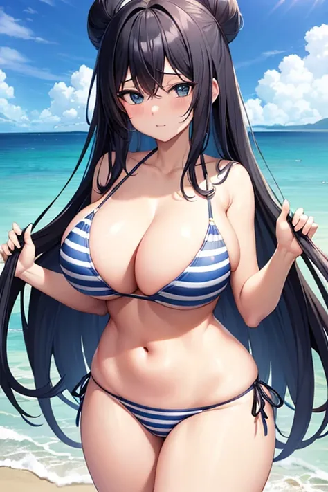 2d, anime style, anime screencap, black hair, striped bikini, blue stripes, horizontal stripes, white bikini, breasts, huge breasts, long hairz blue eyes, beach, thick thighs, wide hips