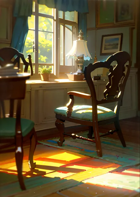 pintura de uma cadeira e uma mesa em uma sala com janela, pintura de um quarto, summer morning light, Luz da tarde, Directed by: Pamela Ascherson, inspirado em Harriet Backer, Sol da tarde, cena interior, soft morning light. hiper-realismo, early morning l...