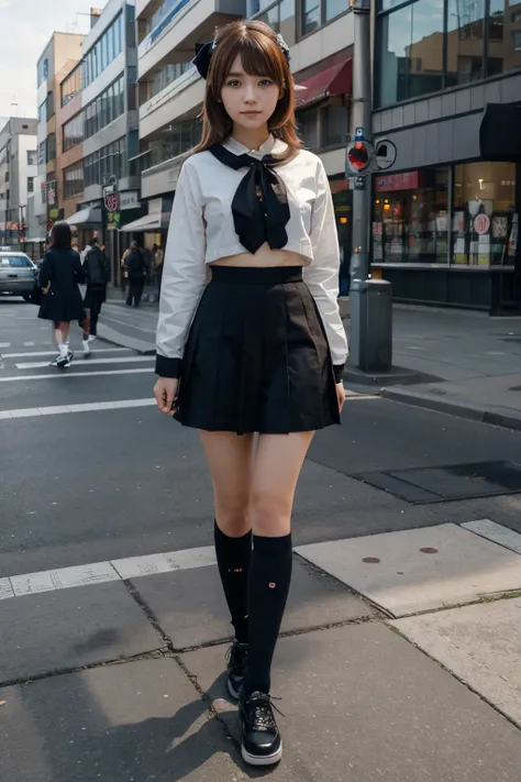 cute anime girl in the city, mit bob haarschnitt in japanischer schuhluniform eis essend