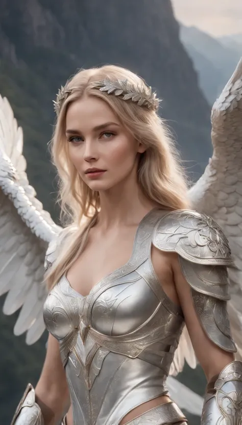 Generate a hyper-realistic AI influencer image featuring a stunning blond woman dressed in an alluring silver outfit. She is depicted standing atop a majestic mountain, embodying the presence of a mystical valkyrie or angel adorned in exquisite silver armo...