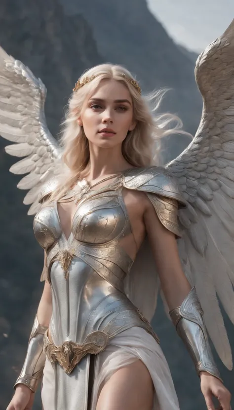 Generate a hyper-realistic AI influencer image featuring a stunning blond woman dressed in an alluring silver outfit. She is depicted standing atop a majestic mountain, embodying the presence of a mystical valkyrie or angel adorned in exquisite silver armo...