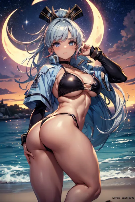 (1 girl), olhos cristalinos, olhos azuis, e, Sombra, (((coxas musculosas))), ((Imagem redonda)), 1girl, (Kamisato Ayaka), peitos grandes, (((cabelos brancos))), (On the beach at night with a starry sky and a full moon in the sky), (barriga musculosa), (((v...