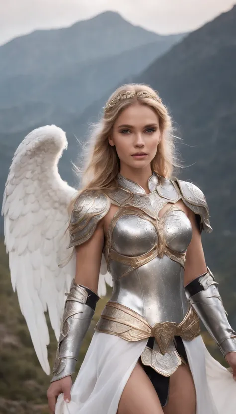 Generate a hyper-realistic AI influencer image featuring a stunning blond woman dressed in a seductive silver outfit that tastefully highlights her figure. She is depicted standing atop a majestic mountain, embodying the presence of a mystical valkyrie or ...