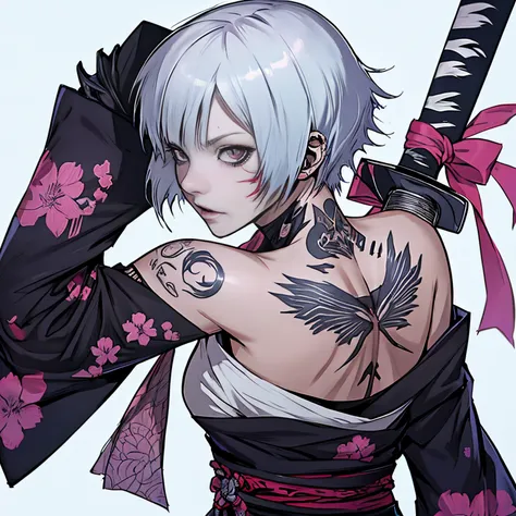 Manga femme cheveux long rebelle punk tatoueuse tatouage katana tueuse tokyo ghoul bleach