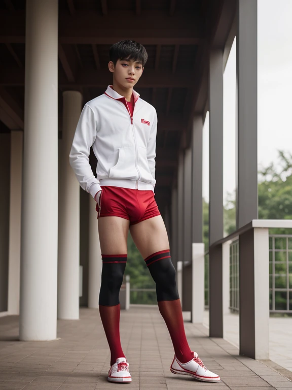 16 years old teenagers , very young , light-skin , wearing an dark red sexy underwear, tmasterpiece，k hd，the feet，Transparent sports vest，semi transparent，black long socks，The barefoot , red colour , handsome and cute , extreme cute boy , white skin , dark...